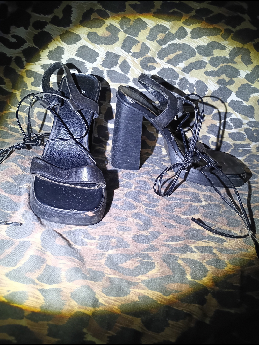 Vintage 90s Bongo Black Strappy Block Heel Platform Sandals Lace Up Square Toe